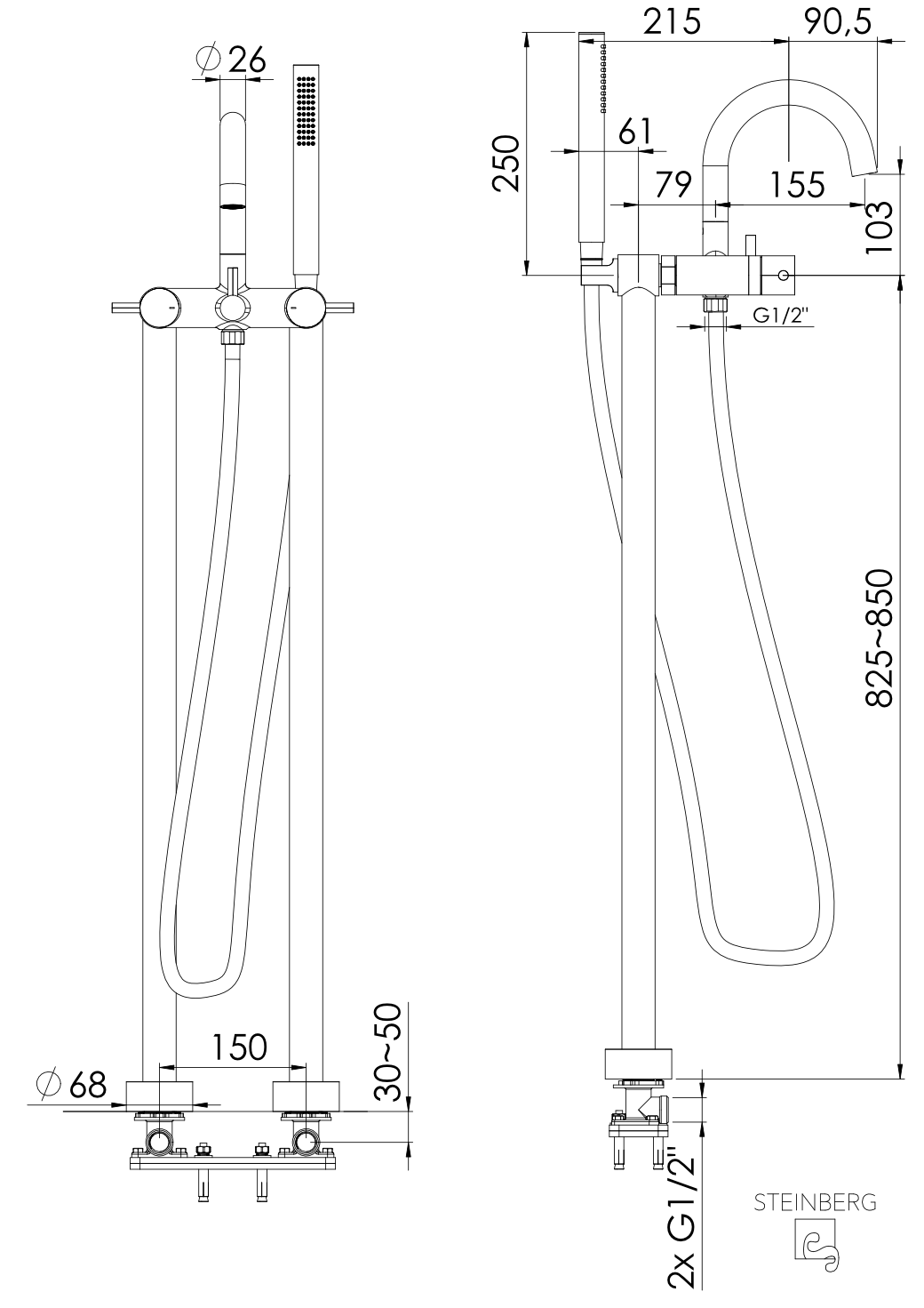 Steinberg 100 Μπαταρία Μπάνιου Ελεύθερης Τοποθέτησης Brushed Gold