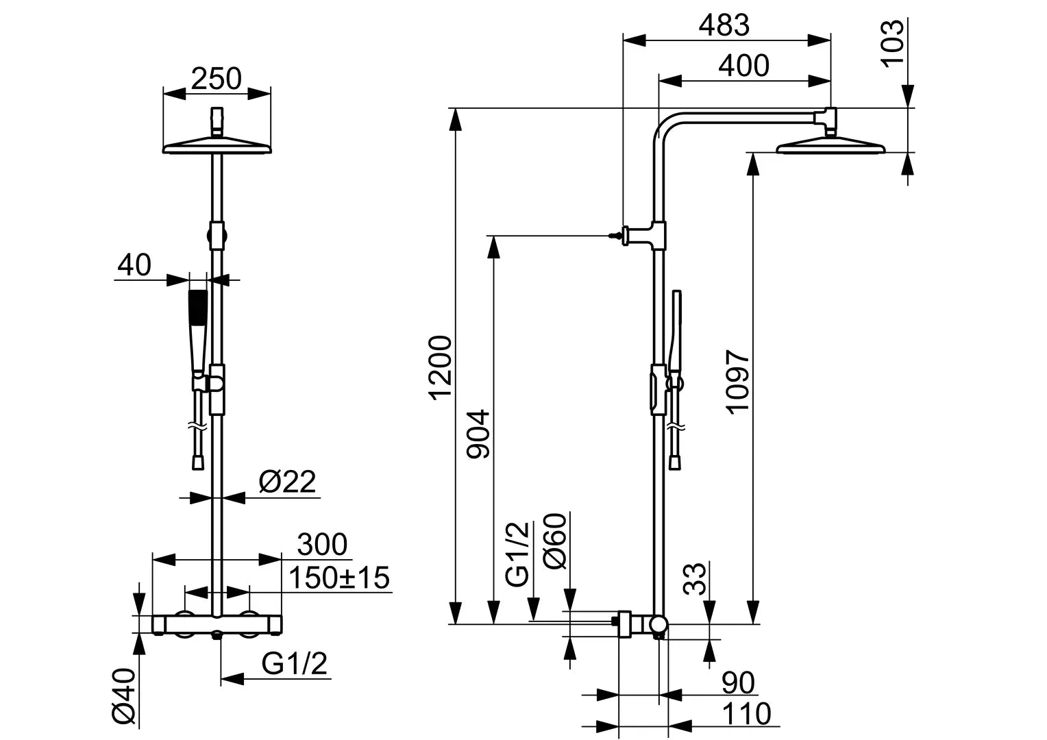 HANSA AURELIA Θερμοστατική Στήλη Ντούς με τετράγωνη κεφαλή Matt black