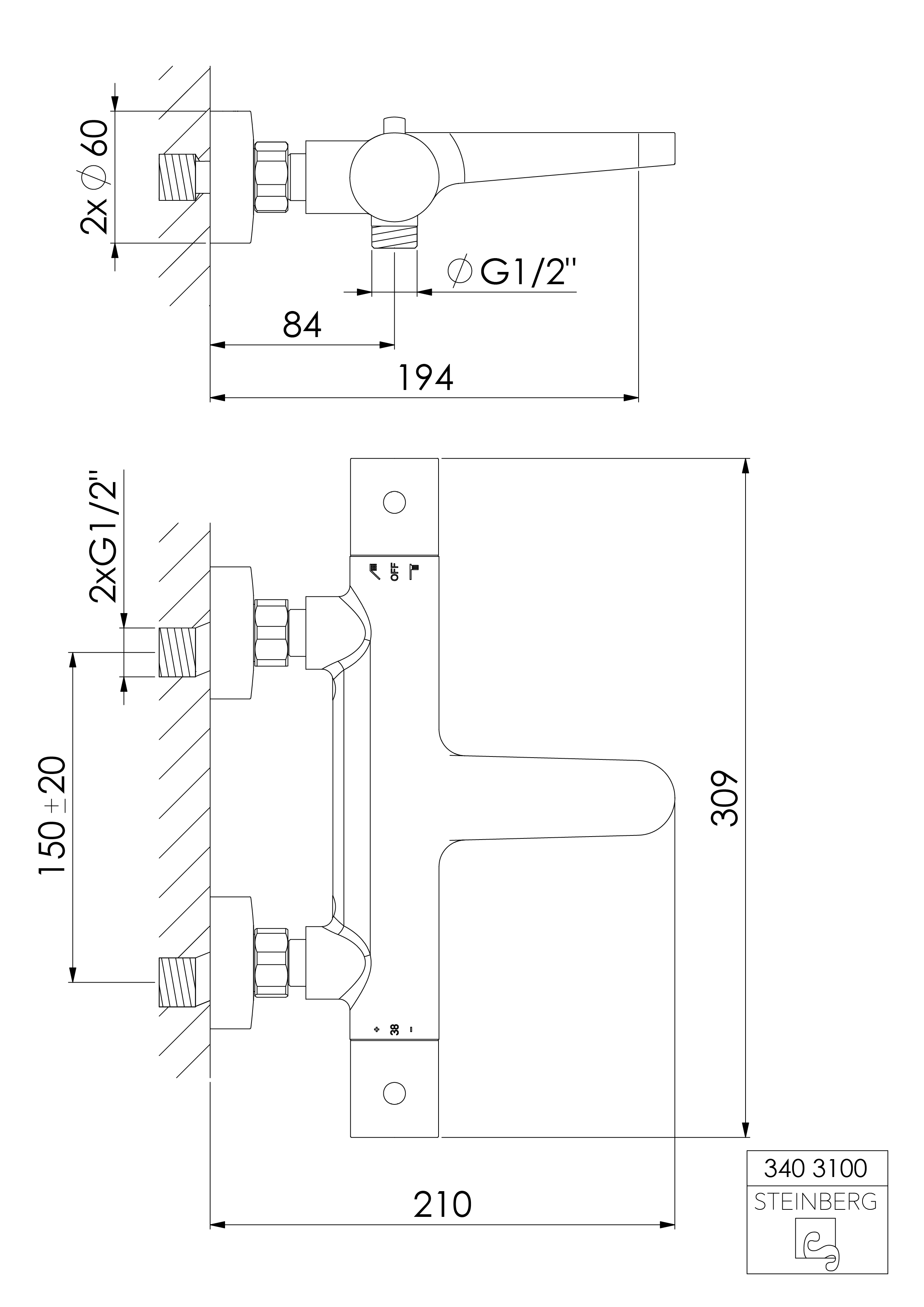 Steinberg 340 Θερμοστατική Μπαταρία Λουτρού Matt Black